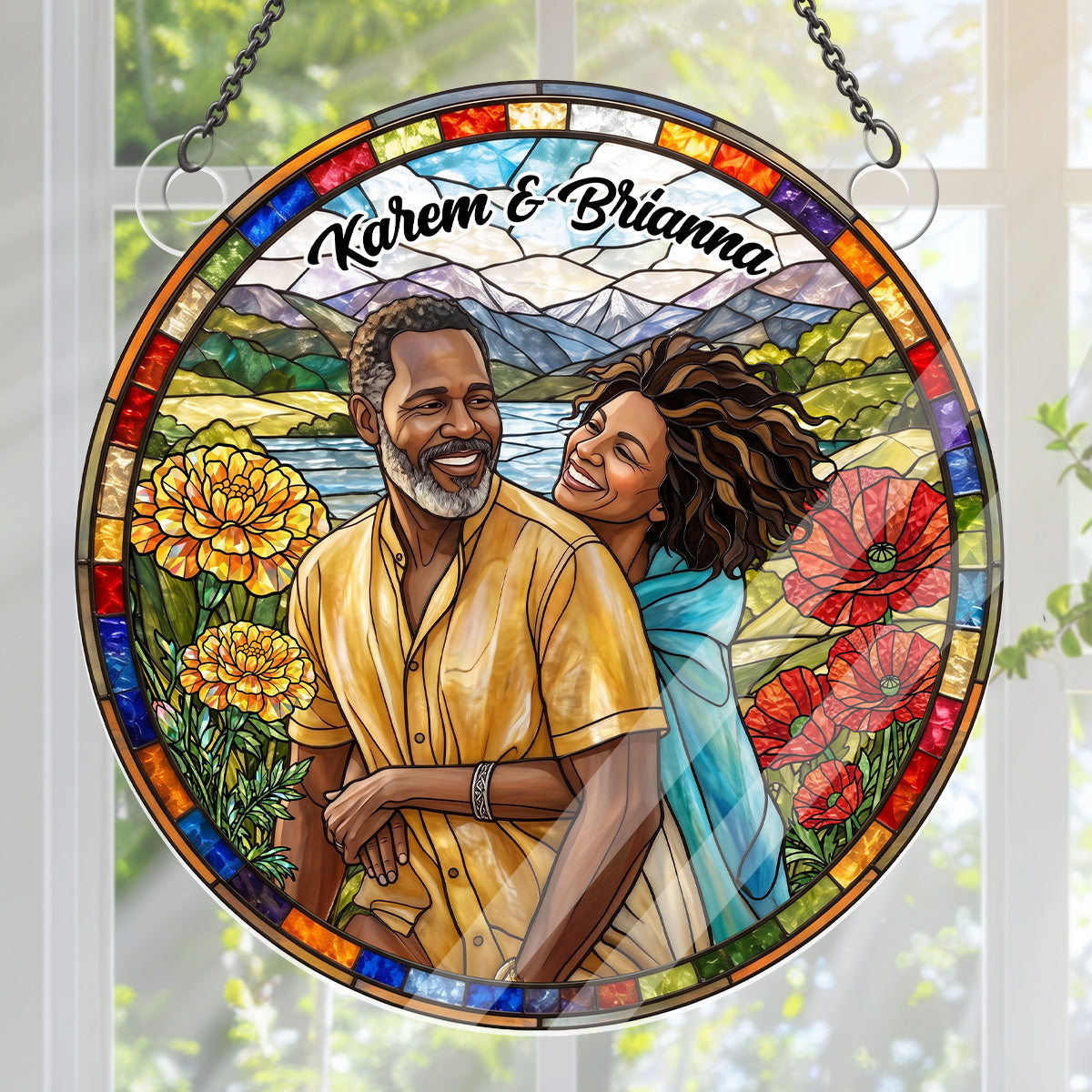Couple Portrait Gift Birth Month Flower - Personalized Acrylic Suncatcher