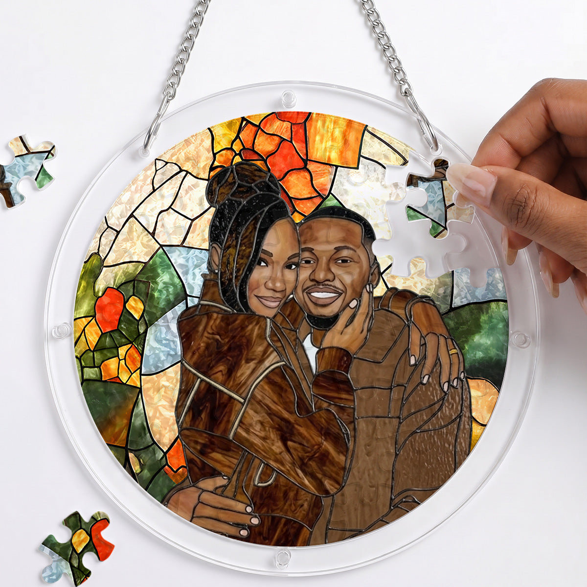 Custom Photo Stained Glass Portrait Wife Husband Couple - Personalized Acrylic Jigsaw Puzzle Suncatcher