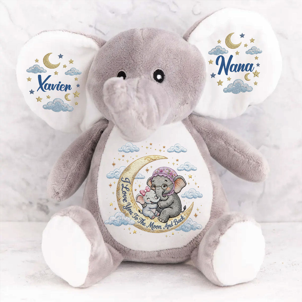 I Love You To The Moon And Back Embroidery - Personalized Stuffed Elephant