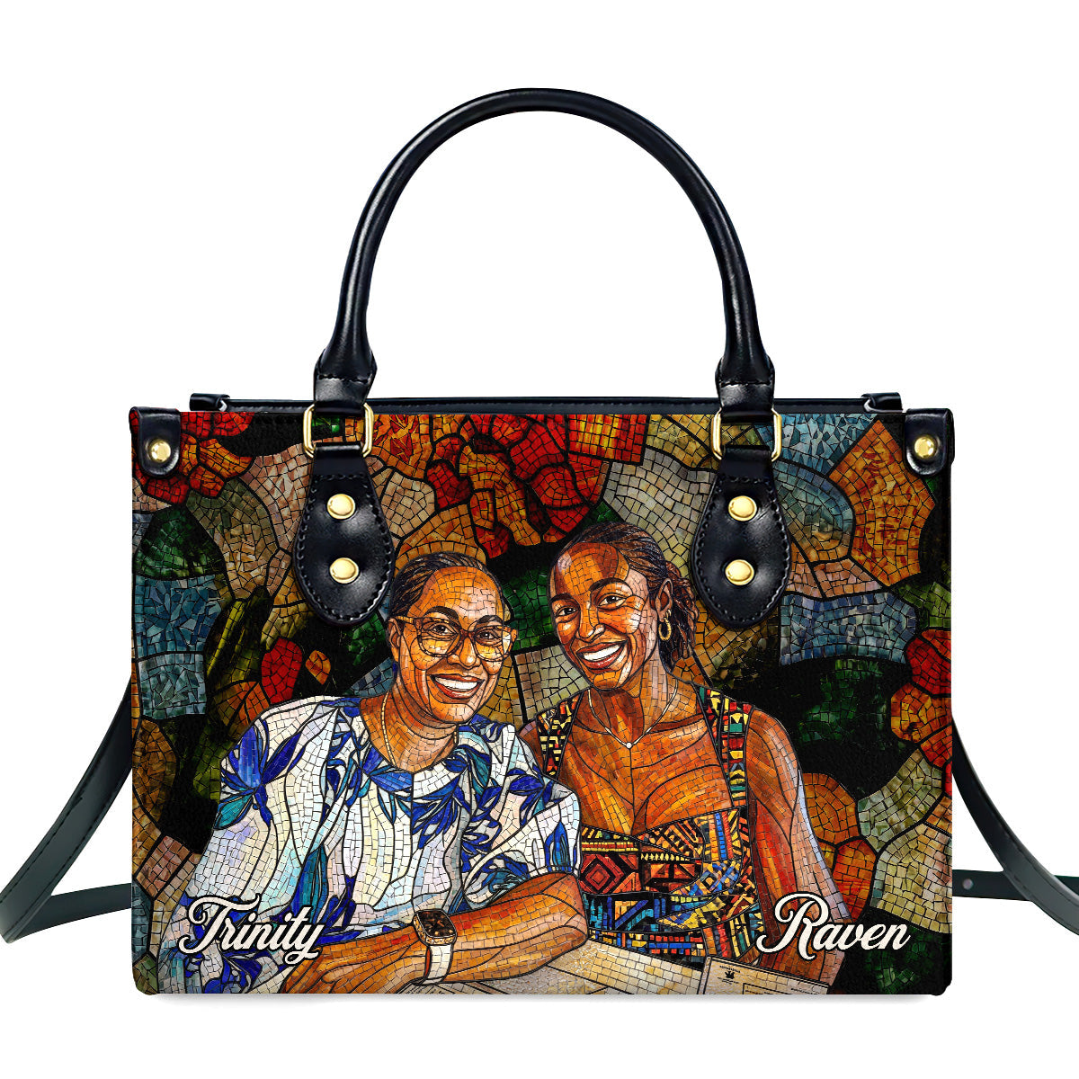 Custom Photo Stained Glass Portrait Mom Grandma Parents Family - Personalized Leather Handbag