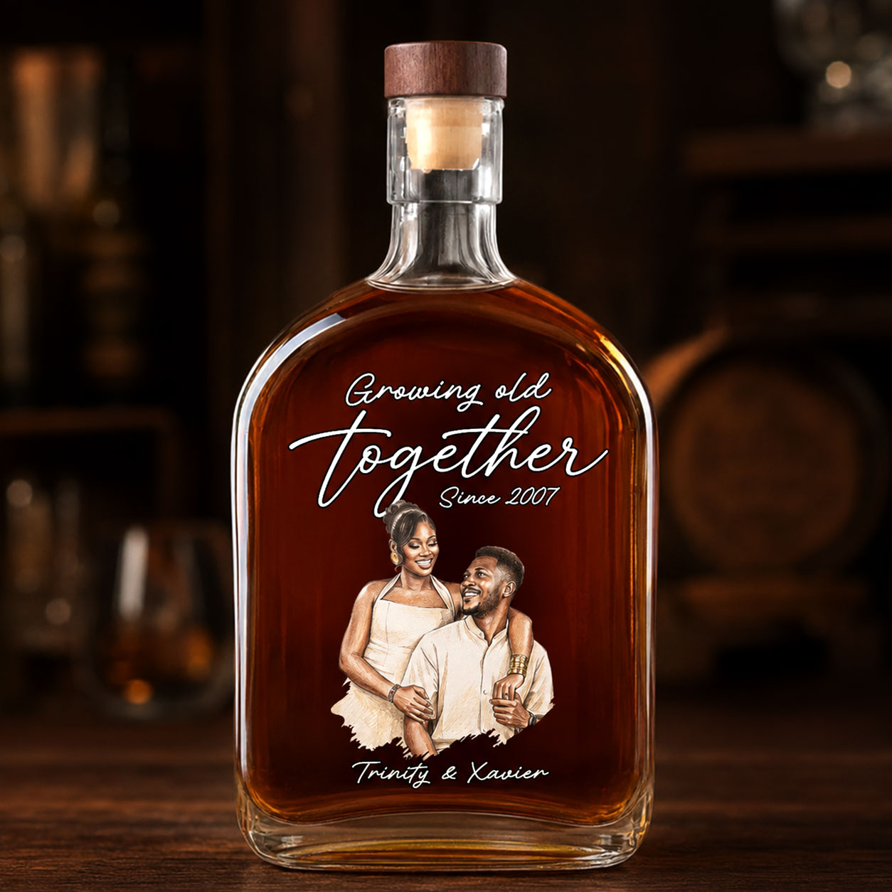 Custom Photo Colored Pencil Sketch Portrait  - Personalized Whiskey Bottle