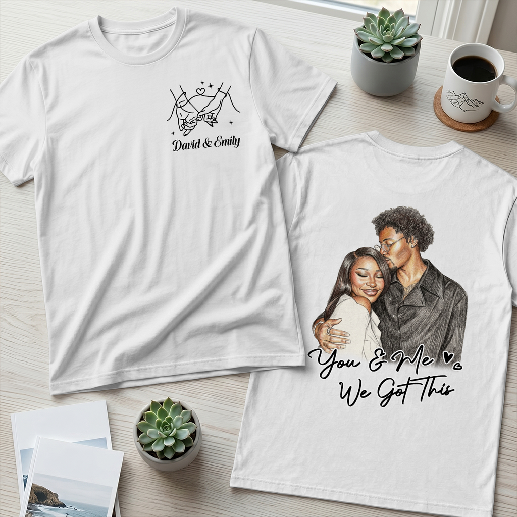 Custom Photo Colored Pencil Sketch Portrait You And Me - Personalized T-shirt With Front Back Design