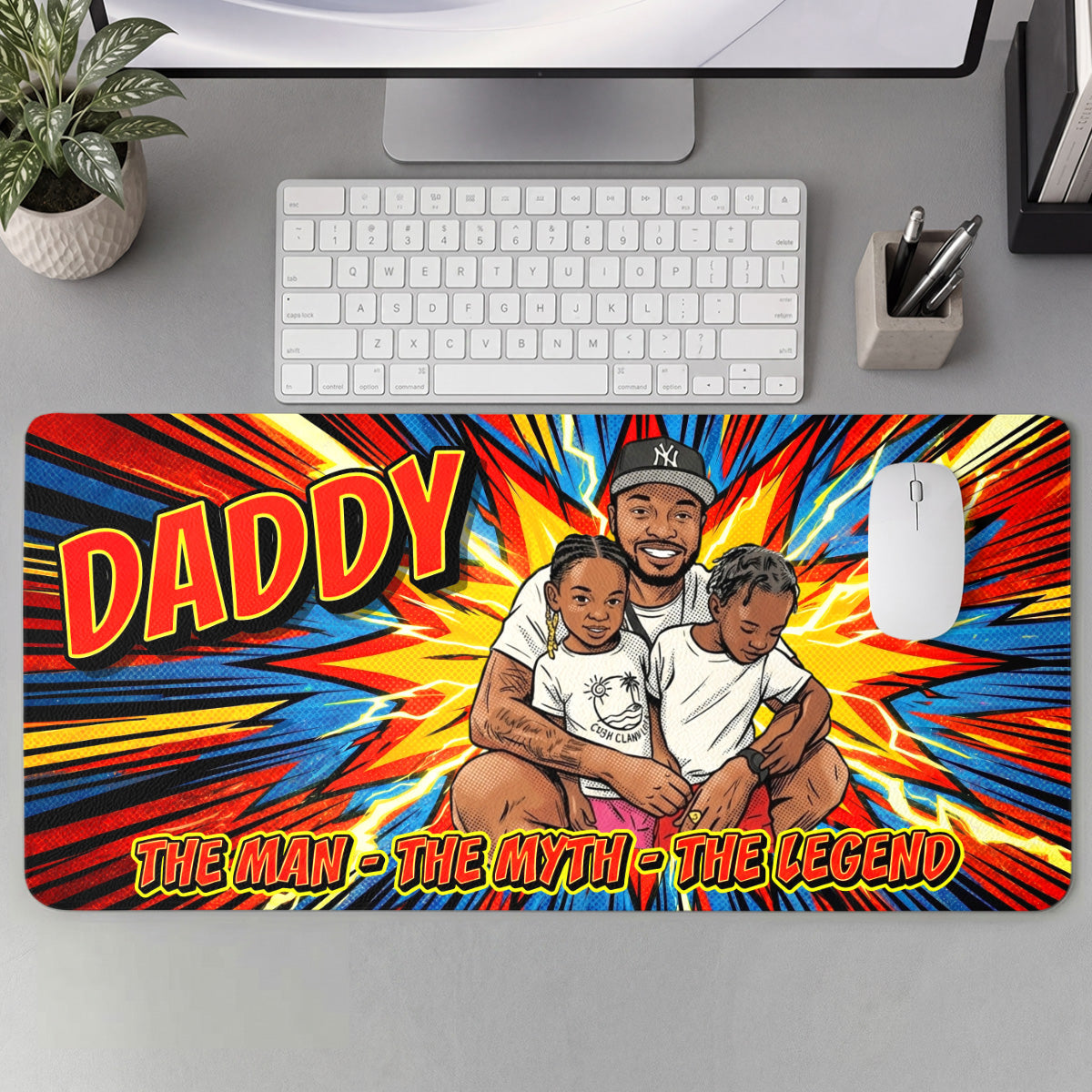 Custom Photo Comic Sketch Dad Grandpa Family - Personalized Leather Desk Mat