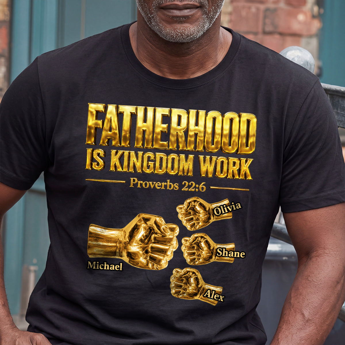 Fatherhood Is Kingdom Work Golden Fist Bump - Personalized 2D Unisex T-shirt