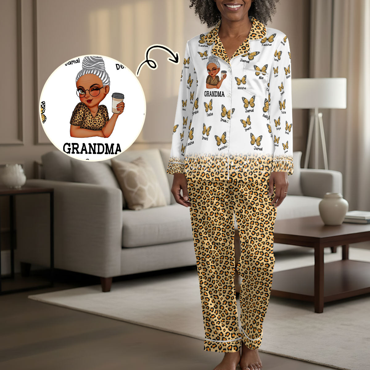 Mom Grandma Kids Butterflies Leopard Pattern - Personalized Satin PJM Set