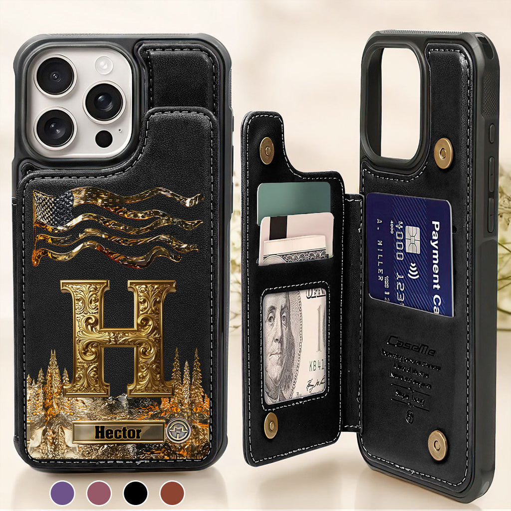 Golden Initial Gift For Husband And Son - Personalized Leather Flip Wallet Phone Case