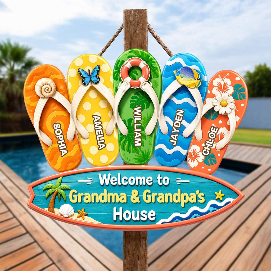 Hello Summer Vibe Welcome To Grandma Grandpa House - Personalized Wooden Door Sign