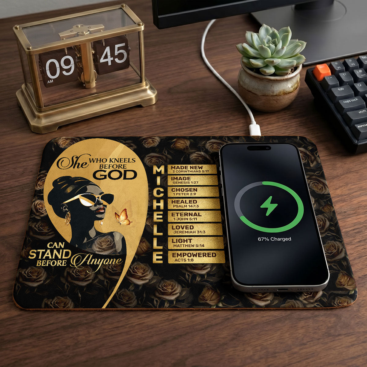 She Who Kneels Before God Can Stand Before Anyone - Personalized Leather Charging Mat