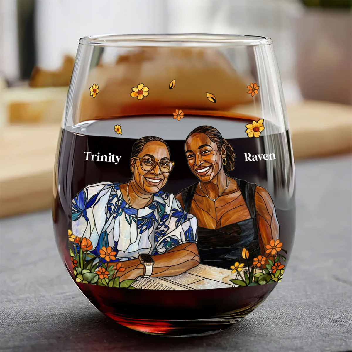 Custom Photo Stained Glass Portrait Mom Grandma Parents Family - Personalized Stemless Wine Glass