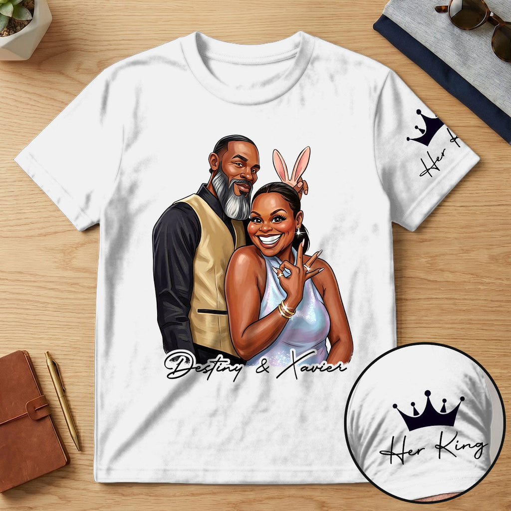 Custom Photo His Queen Her King Anniversary Gift - Personalized T-shirt With Front And Sleeve Design