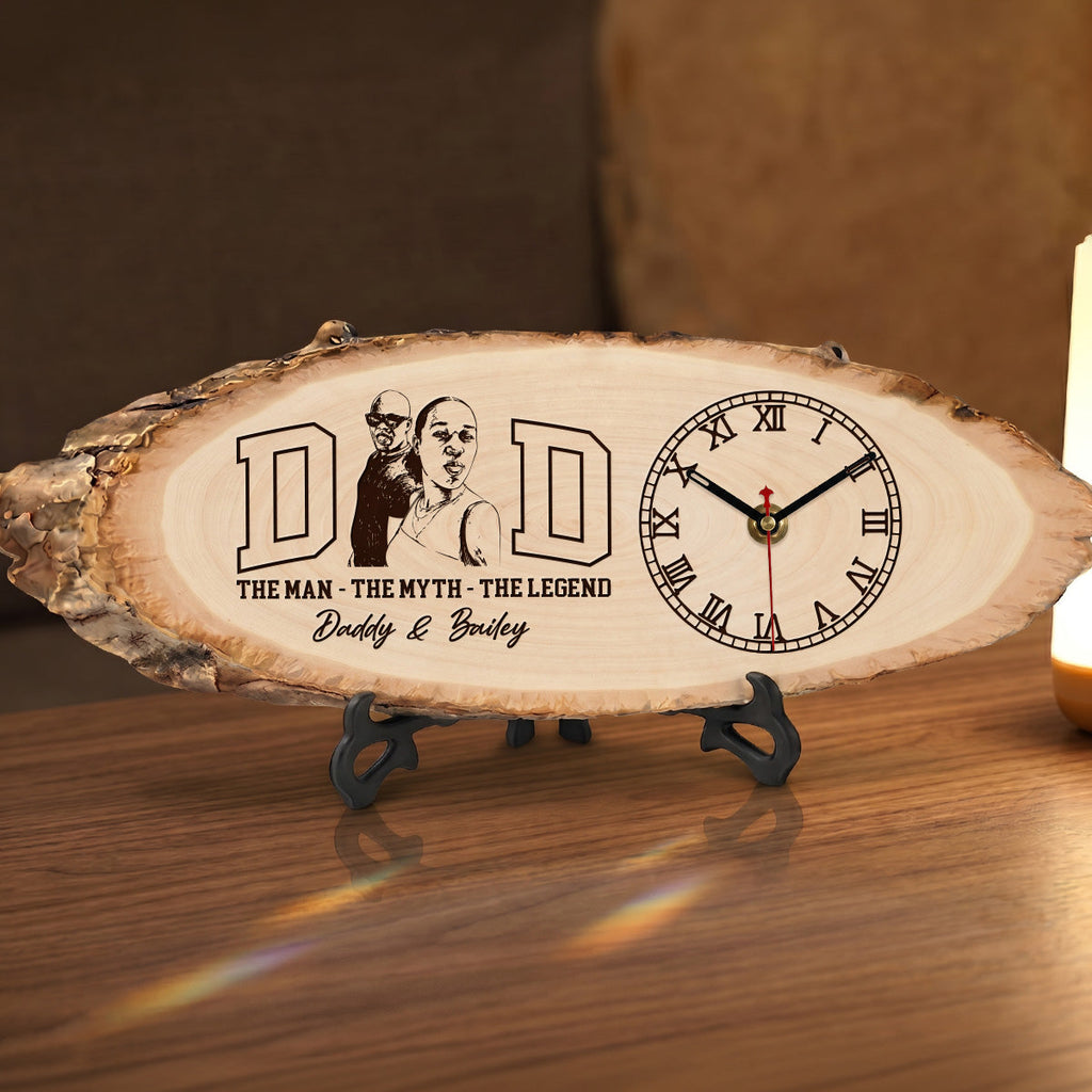 Custom Photo Pencil Sketch Dad The Man The Myth The Legend - Personalized Wooden Desk Clock