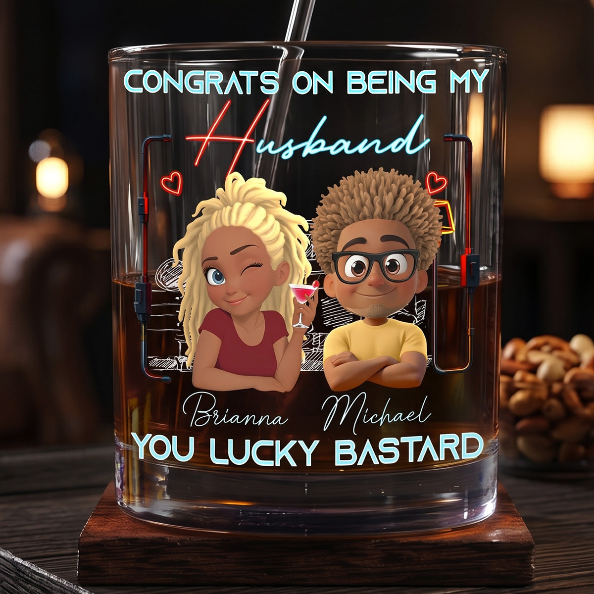 Luckily - Personalized Round Whiskey Glass