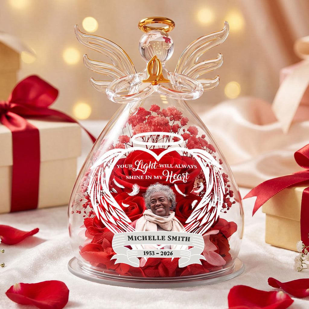 Your Light Will Always Shine In My Heart - Personalized Angel Dome With Preserved Flowers