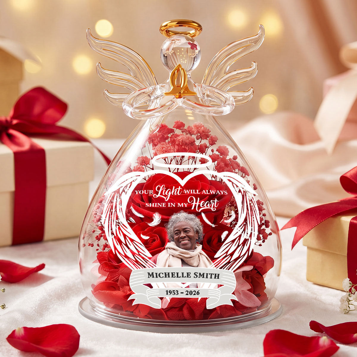 Your Light Will Always Shine In My Heart - Personalized Angel Dome With Preserved Flowers