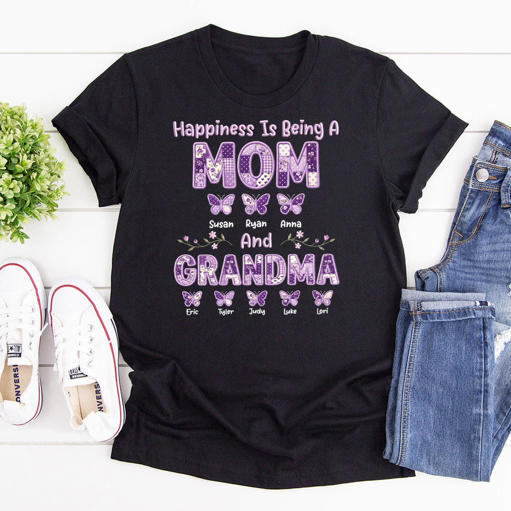 Happiness Is Being A Mom And Grandma - Personalized 2D Unisex T-shirt