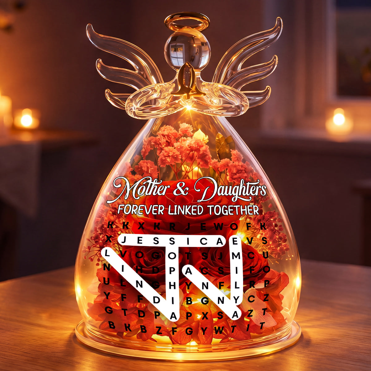 Mother And Daughter Forever Linked Together - Personalized Angel Dome With Preserved Flowers