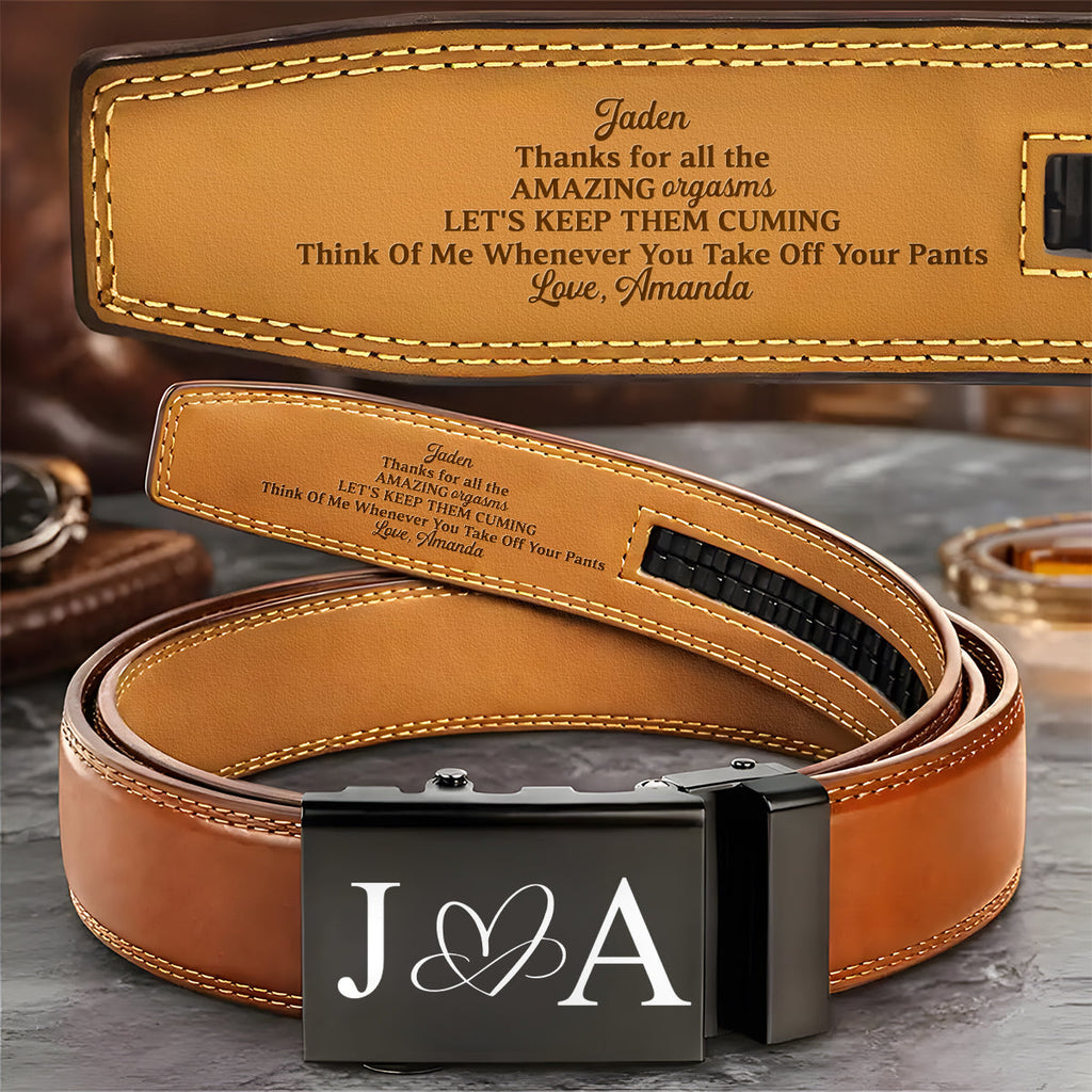 Thanks For All The Amazing Orgasms - Personalized Leather Belt With Engraved Buckle