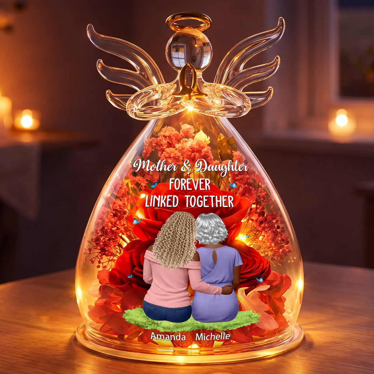 Mother And Daughter Forever Linked Together - Personalized Angel Dome With Preserved Flowers
