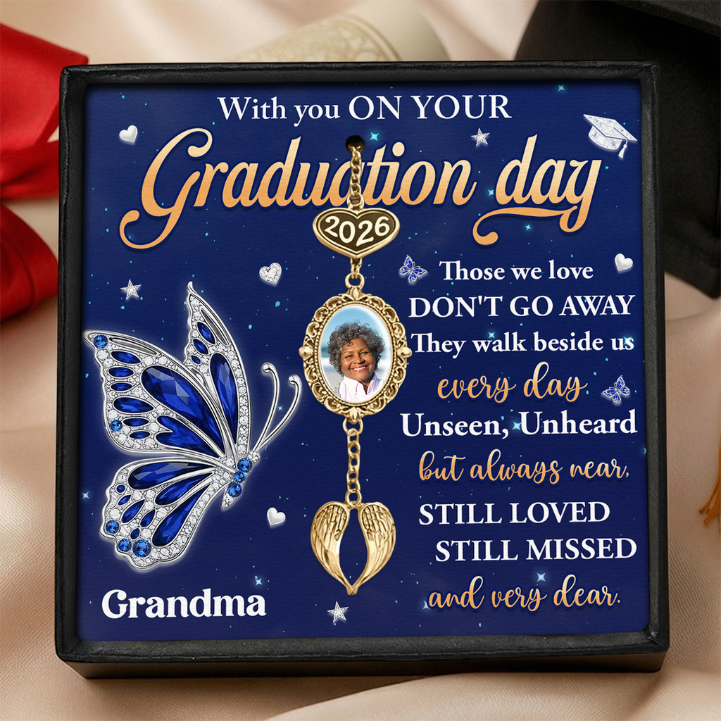 With You On Your Graduation - Personalized Graduation Tassel Photo Charm With Angel Wing
