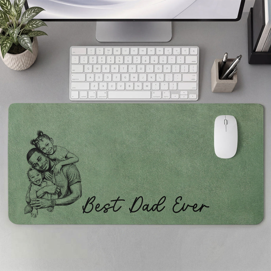 Custom Photo Pencil Sketch Best Dad Ever - Personalized Leather Desk Mat