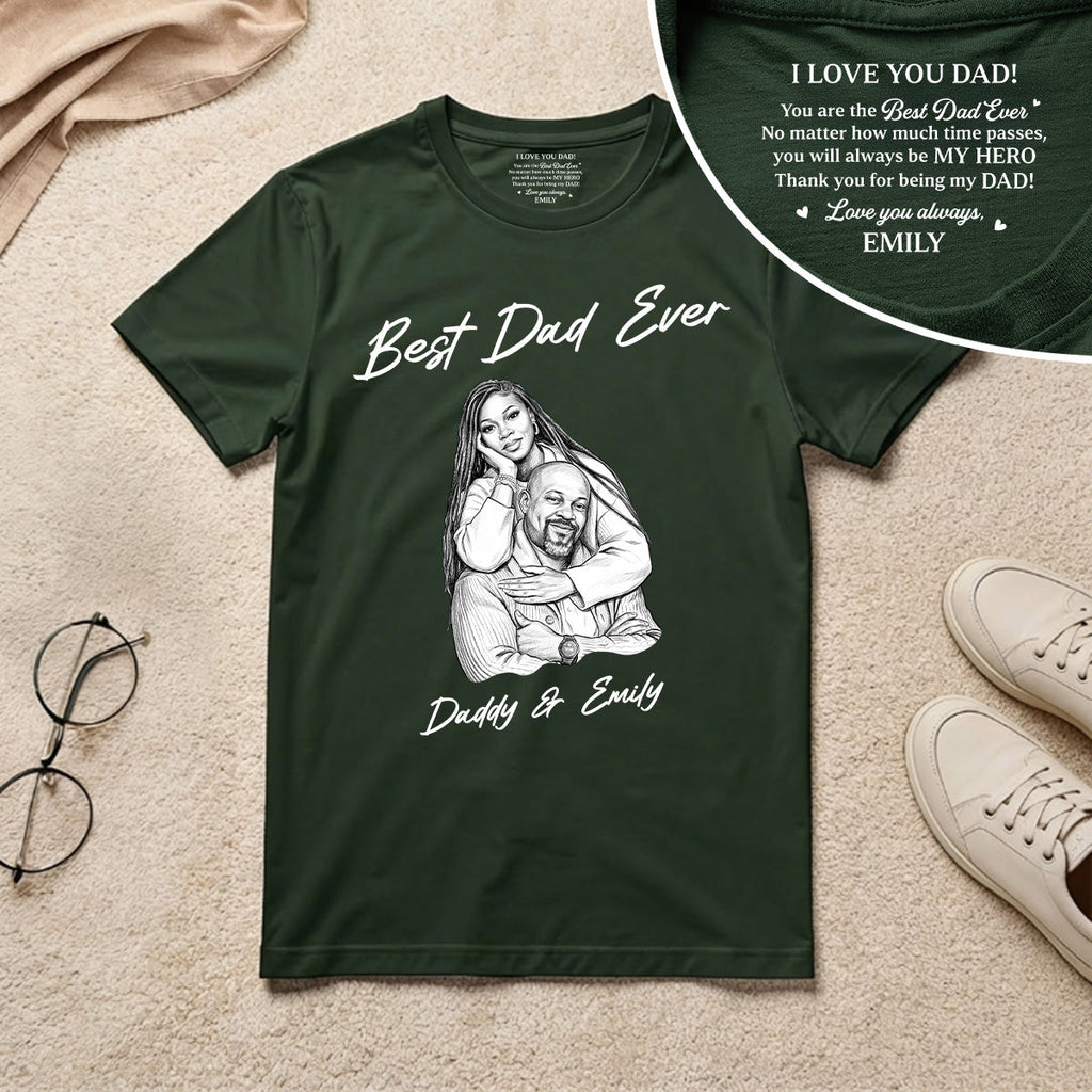 Custom Photo Pencil Sketch Best Dad Ever - Personalized Shirt With Design Inner Neck And Front
