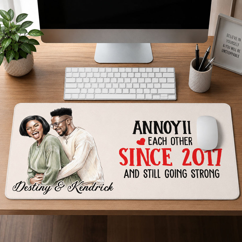 Custom Photo Colored Pencil Sketch Portrait Annoying Each Other - Personalized Leather Desk Mat