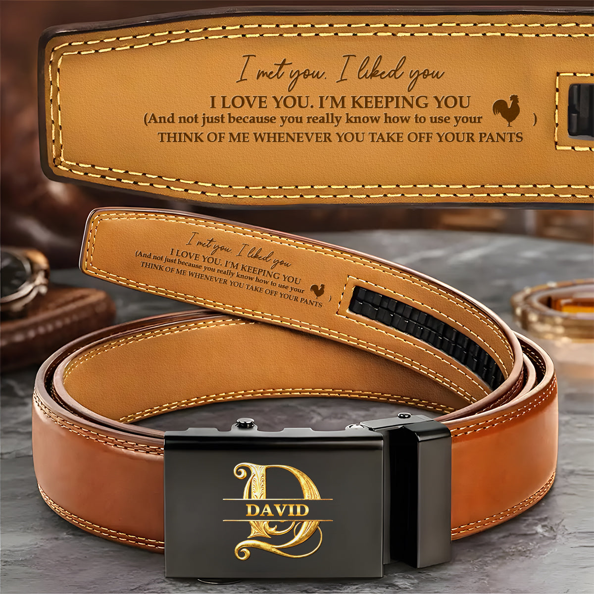 I Licked It So It's Mine - Personalized Leather Belt With Printed Buckle