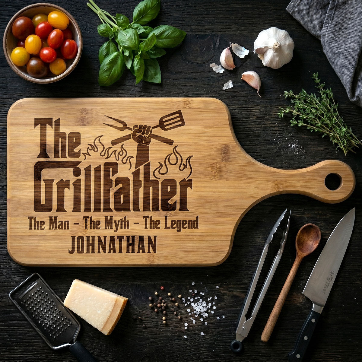 The Man, The Myth, The Grill Master - Personalized Cutting Board With Handle