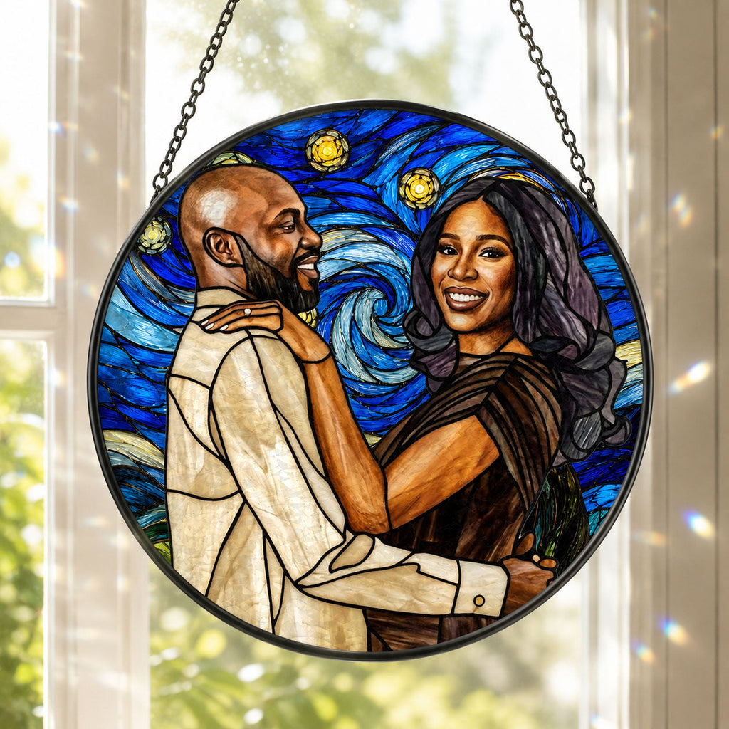 Custom Photo Starry Night Stained Glass Portrait Wife Husband Couple - Personalized Stained Glass Window Hanging Suncatcher