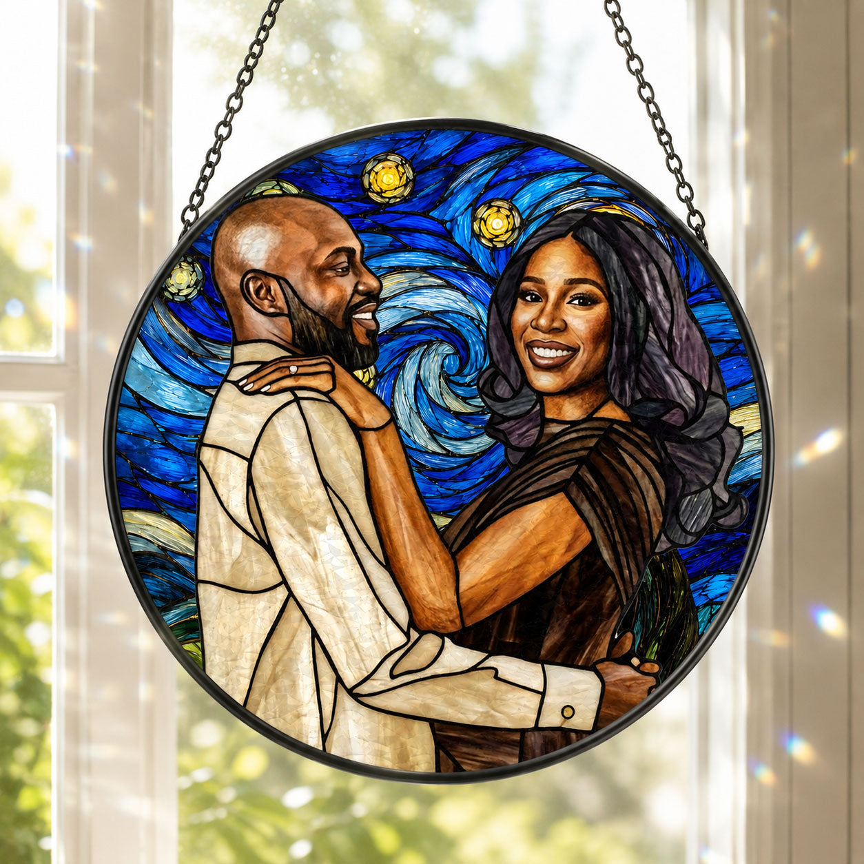 Custom Photo Starry Night Stained Glass Portrait Wife Husband Couple - Personalized Stained Glass Window Hanging Suncatcher