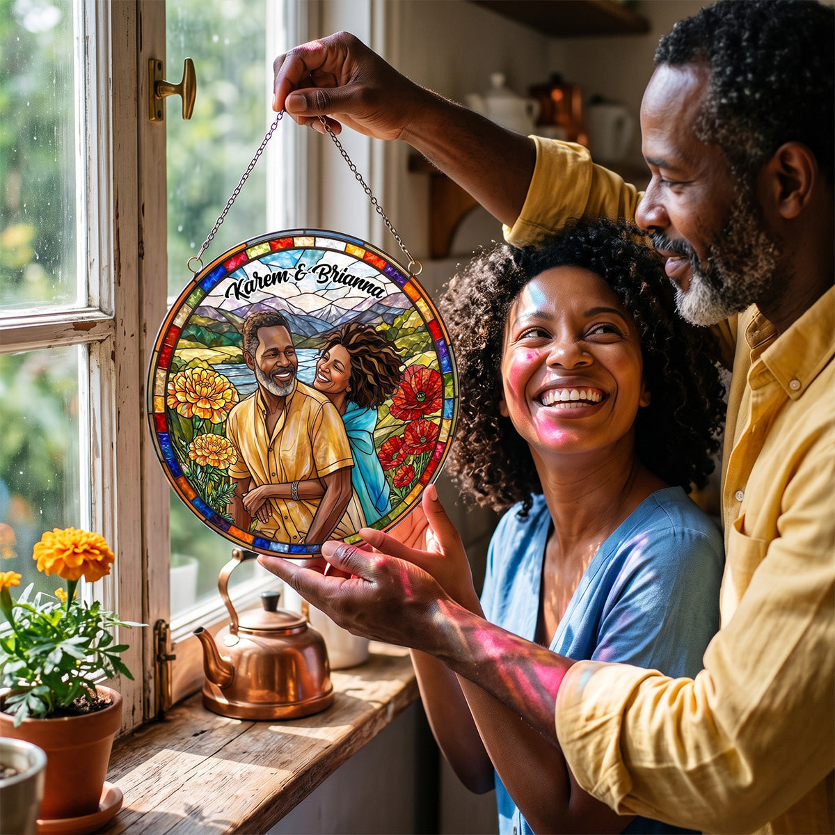Couple Portrait Gift Birth Month Flower - Personalized Acrylic Suncatcher