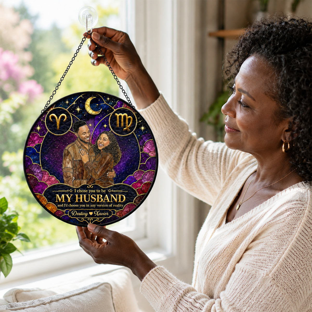Custom Photo I Choose You Zodiac Destiny  - Personalized Stained Glass Window Hanging Suncatcher