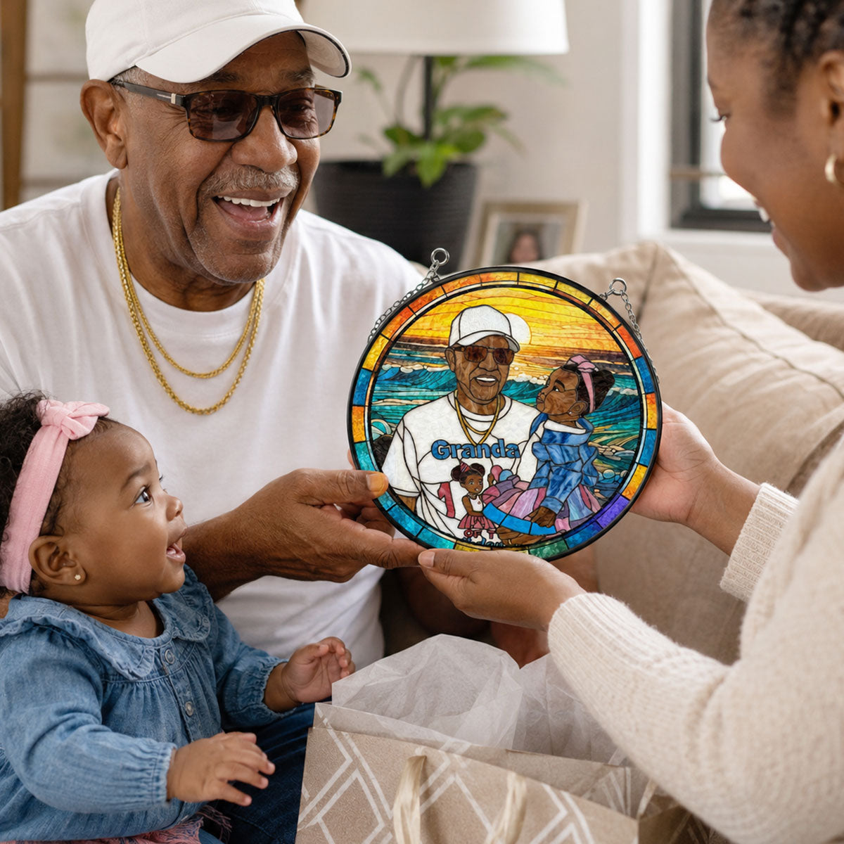 Custom Photo Stained Glass Dad Grandpa Papa Family  - Personalized Stained Glass Window Hanging Suncatcher