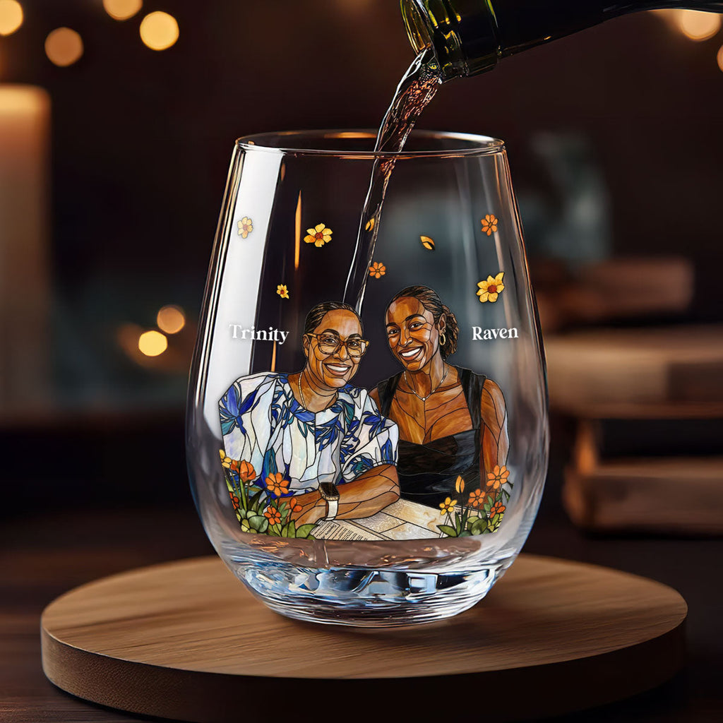 Custom Photo Stained Glass Portrait Mom Grandma Parents Family - Personalized Stemless Wine Glass
