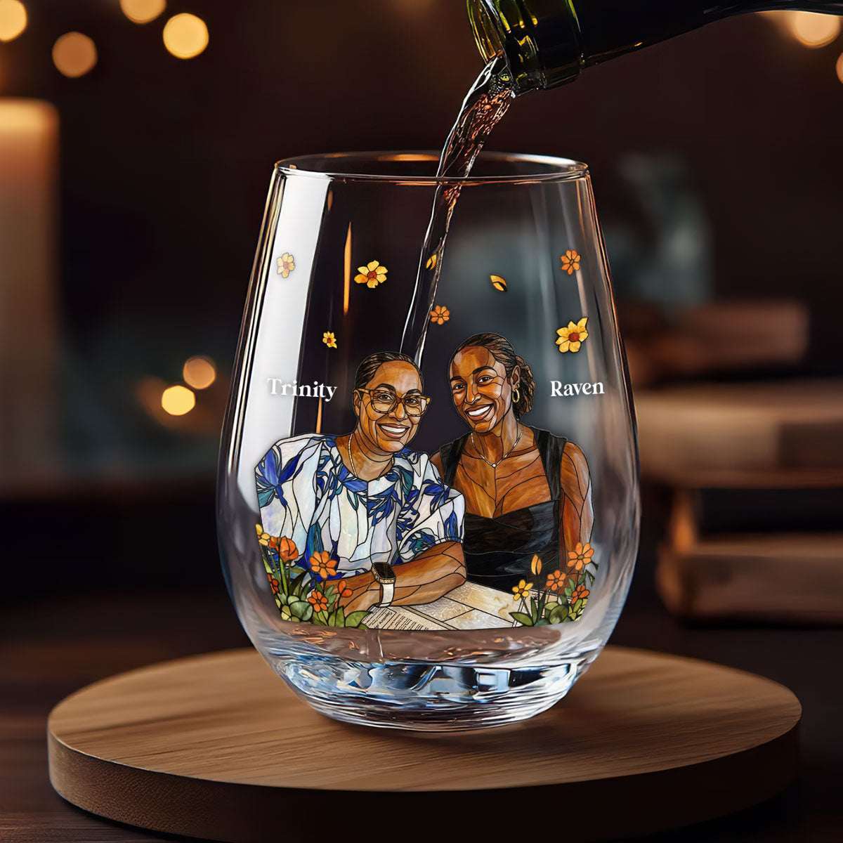 Custom Photo Stained Glass Portrait Mom Grandma Parents Family - Personalized Stemless Wine Glass