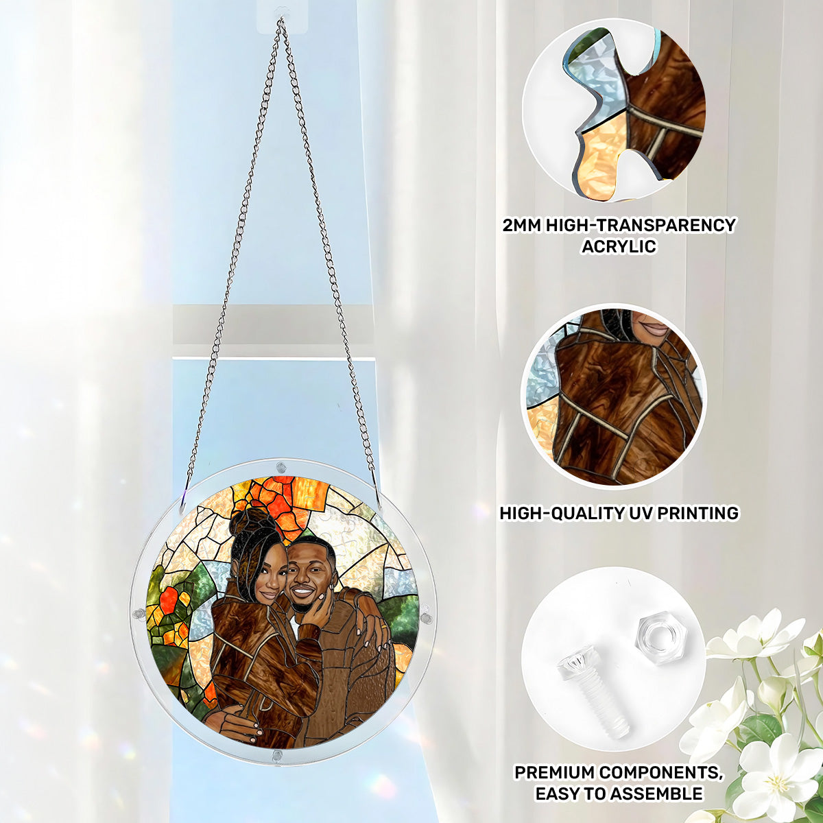 Custom Photo Stained Glass Portrait Wife Husband Couple - Personalized Acrylic Jigsaw Puzzle Suncatcher