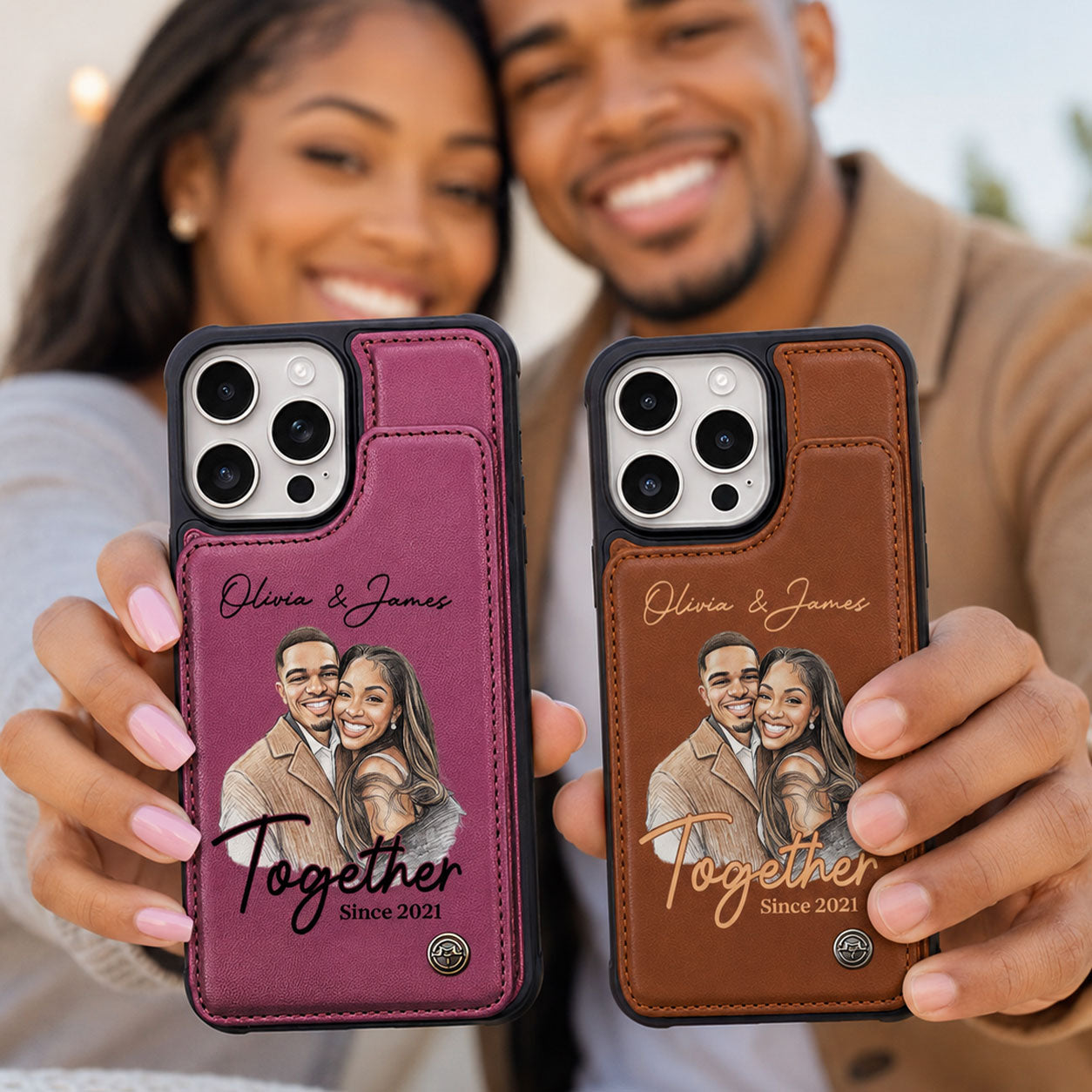 Custom Photo Colored Pencil Sketch Portrait Together Since Forever - Personalized Leather Flip Wallet Phone Case