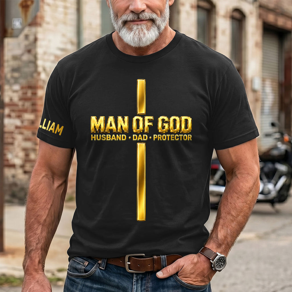 Godly Husband Dad Protector - Personalized T-shirt With Front And Sleeve Design