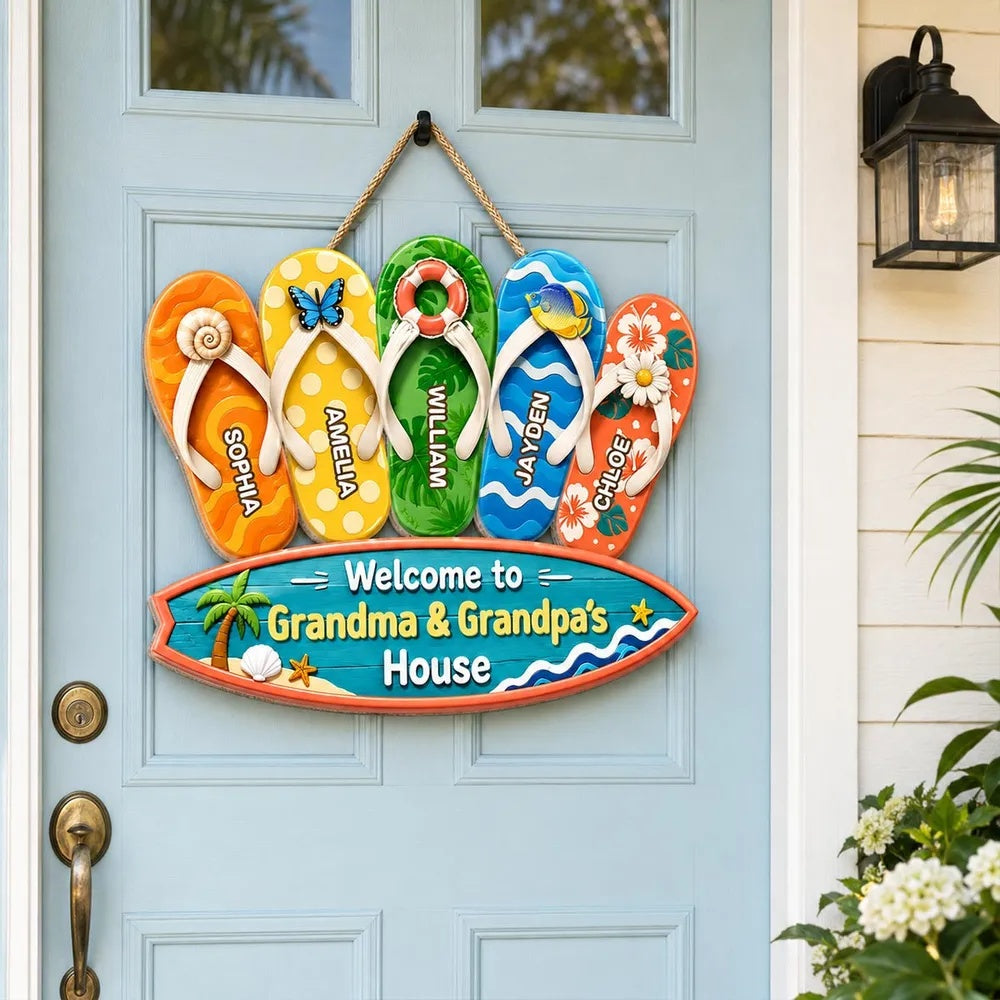 Hello Summer Vibe Welcome To Grandma Grandpa House - Personalized Wooden Door Sign