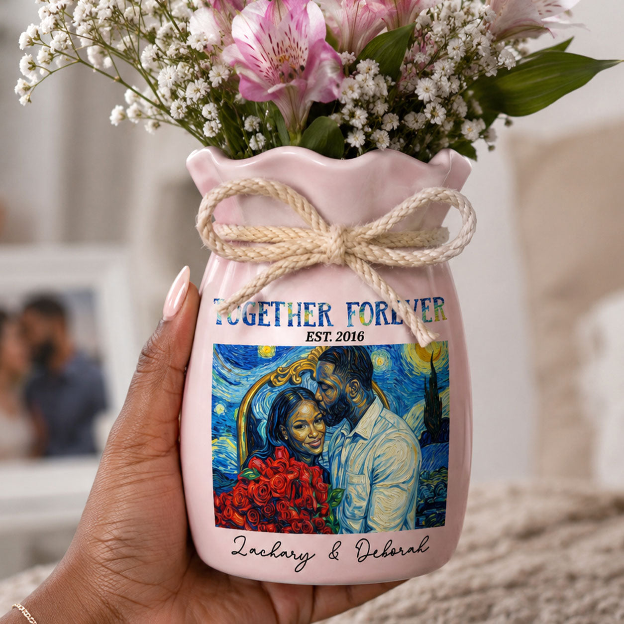 Custom Photo Van Gogh Art Forever And Always - Personalized Flower Vase With Ribbon