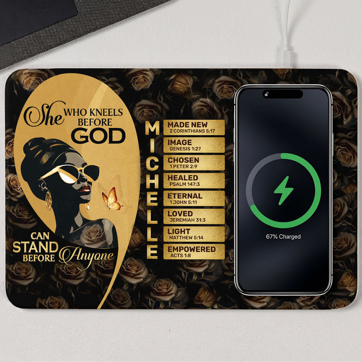 She Who Kneels Before God Can Stand Before Anyone - Personalized Leather Charging Mat