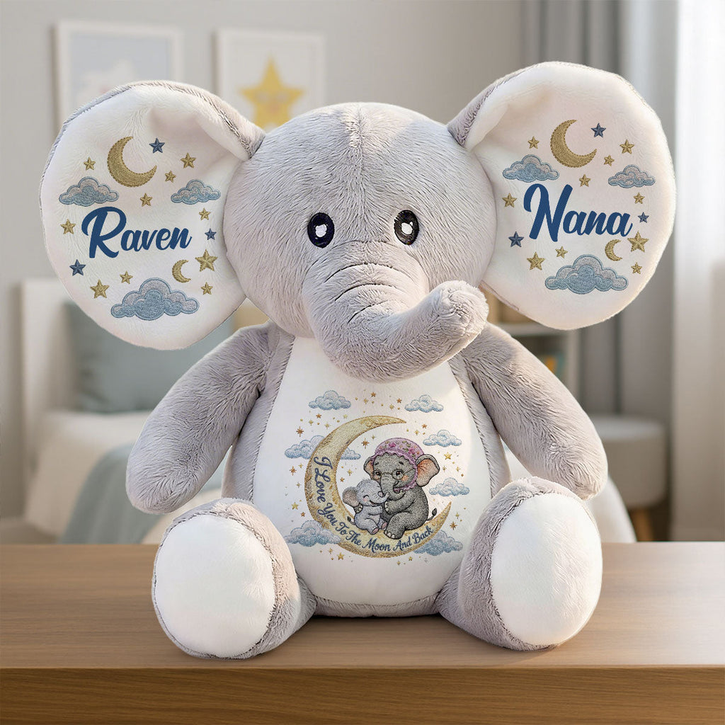 I Love You To The Moon And Back Embroidery - Personalized Stuffed Elephant