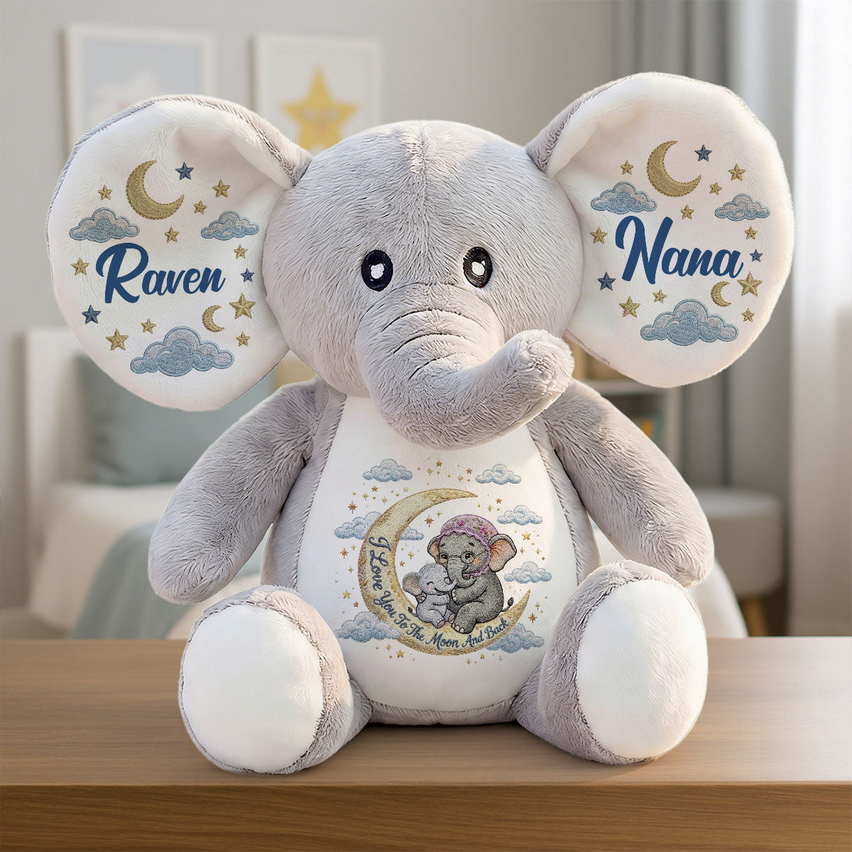 I Love You To The Moon And Back Embroidery - Personalized Stuffed Elephant