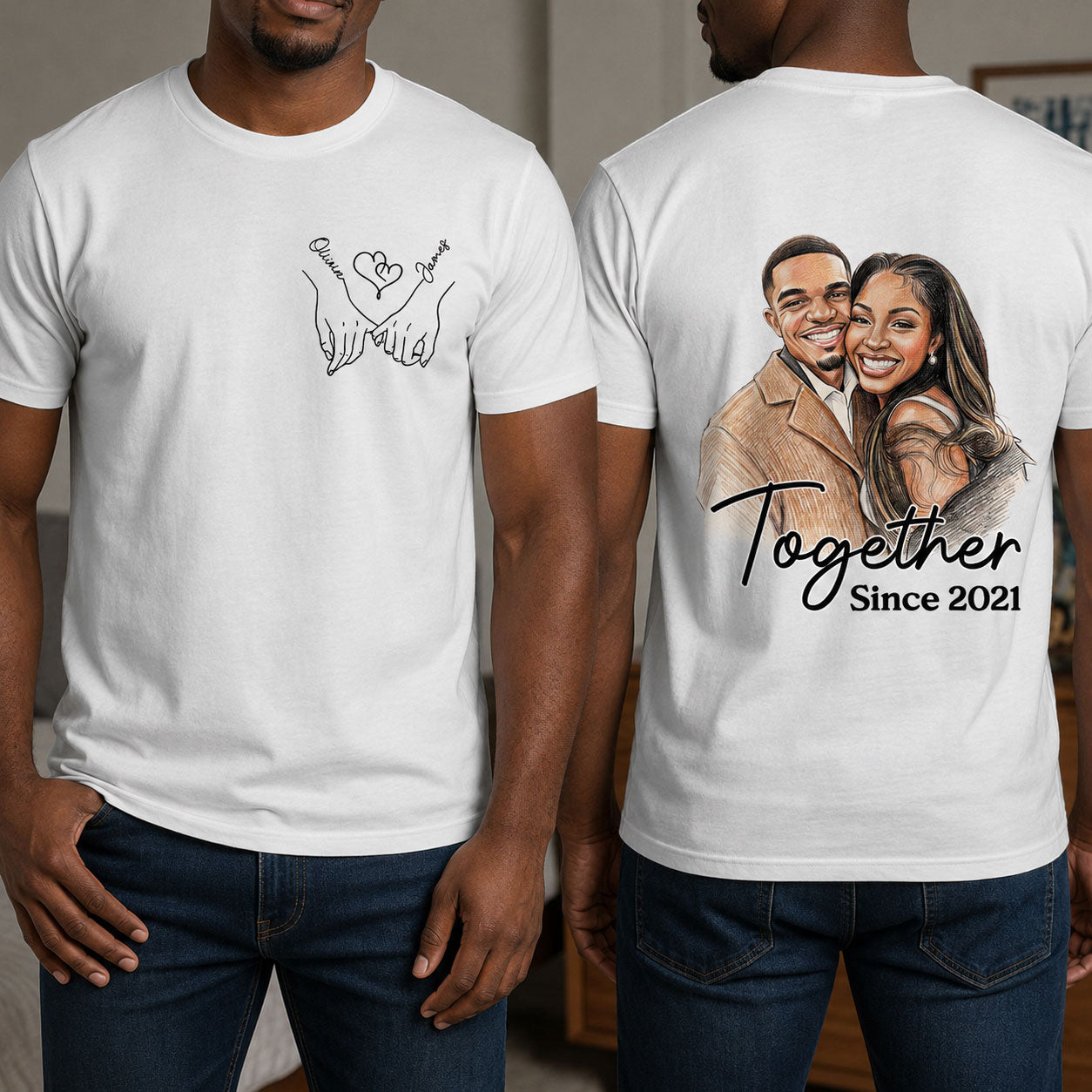Custom Photo Colored Pencil Sketch Portrait Together Since Forever - Personalized T-shirt With Front Back Design