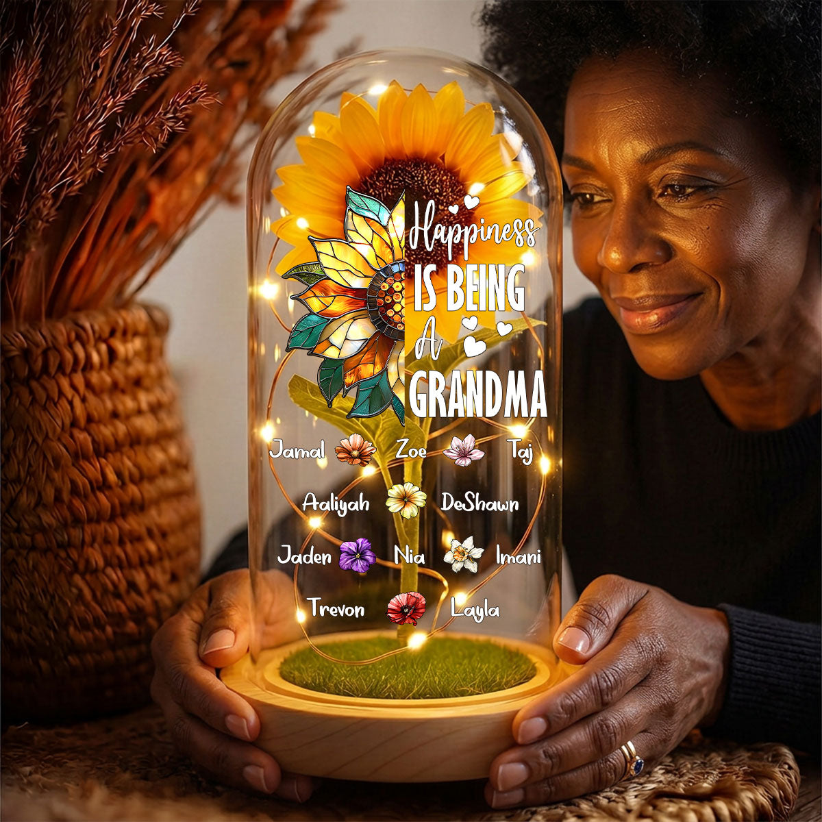 Happiness Is Being A Grandma - Personalized Sunflower Dome Lamp