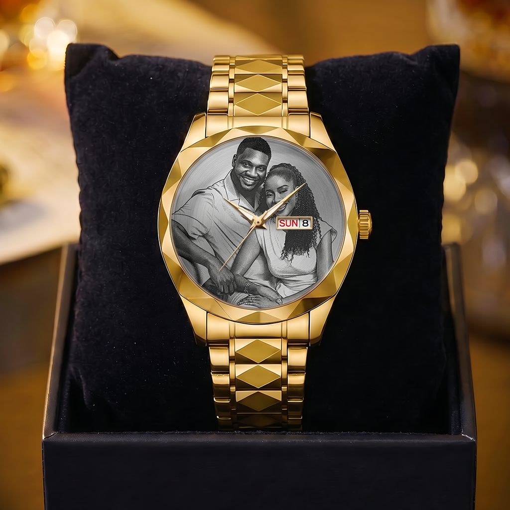 Custom Photo Husband Wife Couple Anniversary Gift - Personalized Men's Wrist Watch
