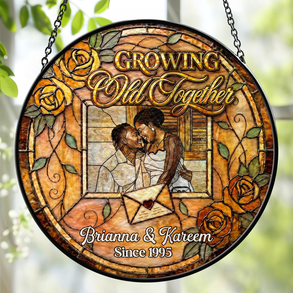 Growing Old Together Forever - Personalized Stained Glass Window Hanging Suncatcher
