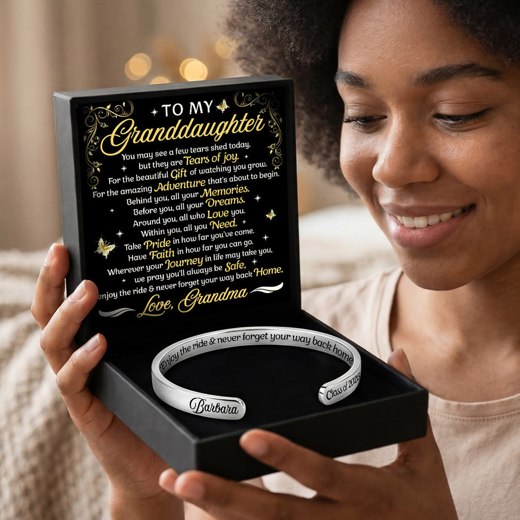 Enjoy The Ride And Never Forget Your Way Back Home - Personalized Cuff Bangle Bracelet With Box