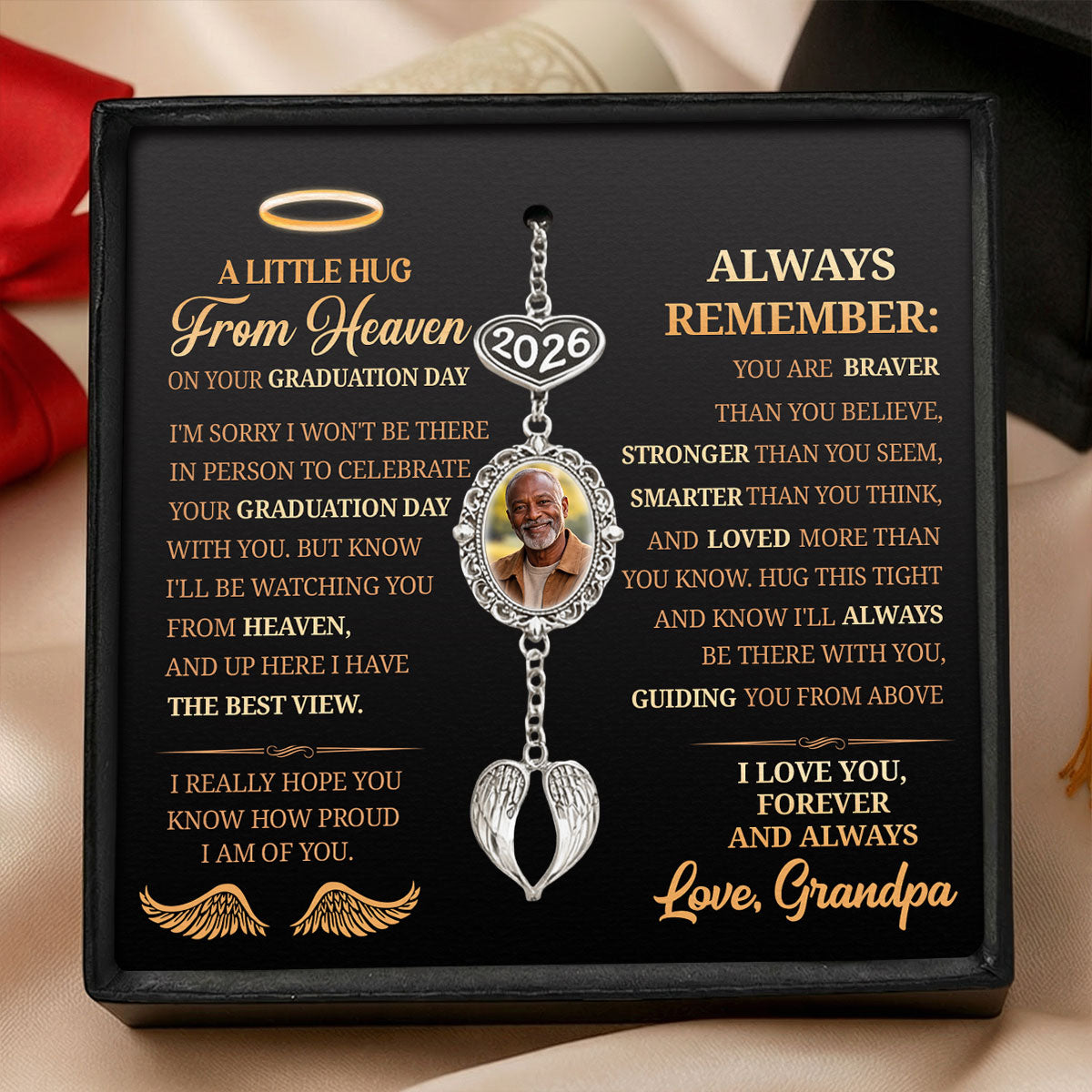 A Little Hug From Heaven - Personalized Graduation Tassel Photo Charm With Angel Wing
