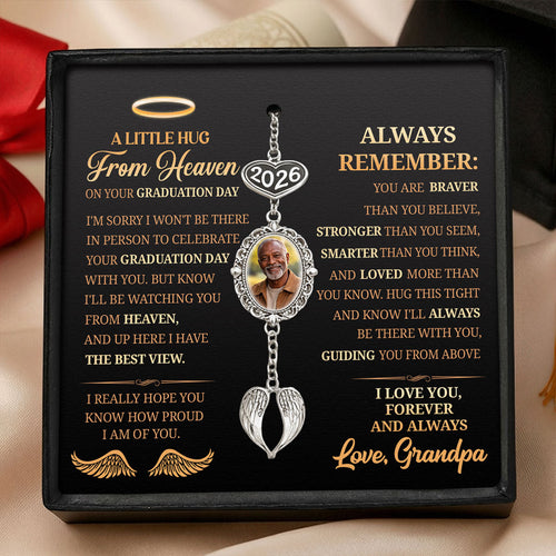 A Little Hug From Heaven - Personalized Graduation Tassel Photo Charm With Angel Wing